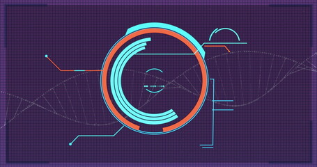 Poster - Image of scope scanning and data processing over purple grid and dna chain