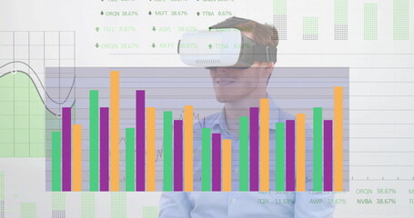Poster - Image of diagrams and data processing over caucasian man using vr headset