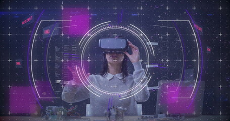 Poster - Image of scope scanning and data processing over caucasian woman using vr headset