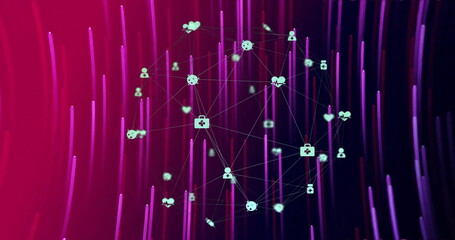 Poster - Image of pink shapes and network of connections on black background