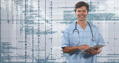 Sticker - Image of financial data processing over caucasian male doctor