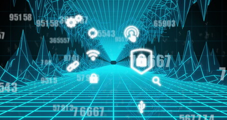 Poster - Image of digital icons floating over glowing image game grid in background