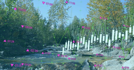 Poster - Image of data processing against landscape with trees and river