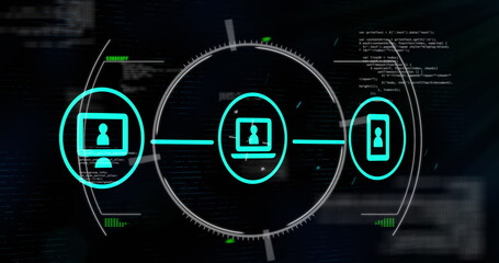 Poster - Image of flowchart of icons and circles over computer language against black background