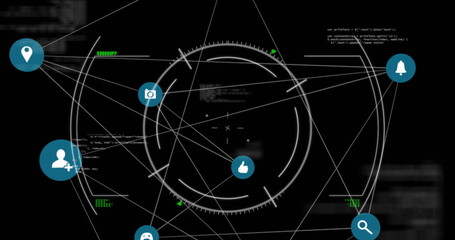 Poster - Image of connected icons and circles with computer language over black background