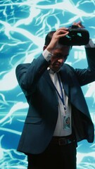 Poster - Vertical video Engineers use VR smart goggles and AI neural networks to solve company problems. IT experts using artificial intelligence and AR virtual reality tech to visualize startup business data