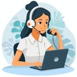 © Dipsky - Illustration of a female customer service agent wearing headphones, using a laptop, and smiling. She has long brown hair, a white shirt and is seated at a desk with a light blue background