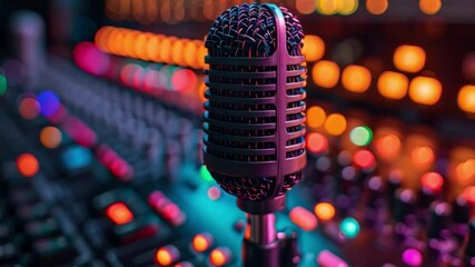 Poster - This vintage microphone stands ready to capture sound in a recording studio with colorful lights.