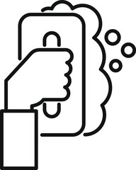 Sticker - Line art icon of a hand holding a squeegee and cleaning a glass surface with soap bubbles