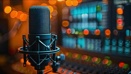 Poster - This microphone in a recording studio with colorful lights in the background.