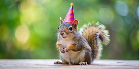 Sticker - Squirrel dressed up for a birthday party with a colorful cap on its head, squirrel, birthday party, celebration, cute, animal