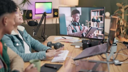 Poster - Couple, influencer and editing of video, talking and laptop for listening of audio, watch or review. Footage, online and app for process, man or woman with choice of content creation on desk in home