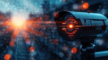 Poster - A camera lens is lit up with a bright orange light. The image is a blurred, abstracted version of a camera lens, with a bright orange light shining through it. Scene is energetic and dynamic