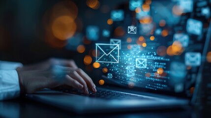 Aufkleber - A person is typing on a laptop with a screen that has many emails on it. Concept of a busy workday, with the person likely working on multiple tasks at once