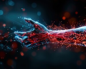 Poster - A hand is shown in a digital image with red and blue lines. The image has a futuristic and technological feel to it, with the hand appearing to be made of wires and circuits