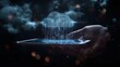© AbiScene - Digital Innovation Hand holding tablet with holographic cloud icon for data transfer in futuristic technology concept