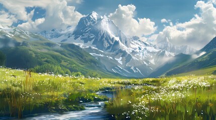 Majestic mountain peak tranquil meadow flowing water generated. 