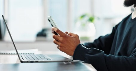 Poster - Hands, man and smartphone with office laptop, typing and browsing online on social networking app. Corporate, company and communication or checking email, professional and website or internet search