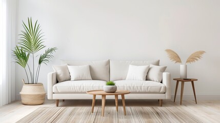 Wall Mural - Minimalist Living Room Interior with White Sofa and Wooden Coffee Table.