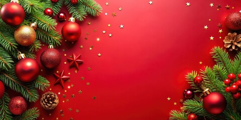 Wall Mural - Vibrant Christmas red background with festive decorations, festive, holiday, Christmas, red, background, vibrant