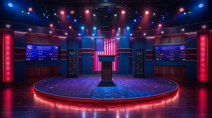 Command attention at political debates with podium mockups showcasing national flag integration, digital timers, and authoritative design elements. , Minimalism,