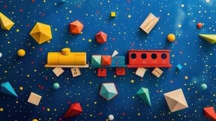 whimsical learning scene with floating geometric shapes and numbers colorful wooden blocks orbit a miniature train set against a starry deep blue background