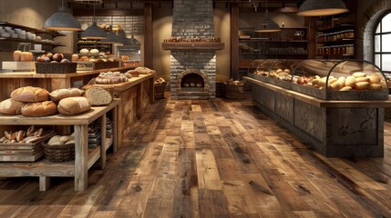 Wall Mural - rtisan bakery with warm wood vinyl plank flooring, a stone oven visible, and a counter full of fresh
