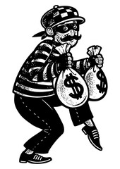 Wall Mural - thief with stolen bags of money dollars sketch engraving PNG illustration. T-shirt apparel print design. Scratch board imitation. Black and white hand drawn image.