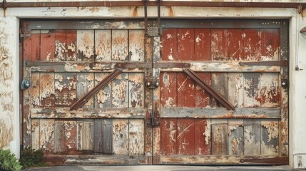 Wall Mural - garage door designed to look like a series of old, weathered barn doors, complete with peeling paint