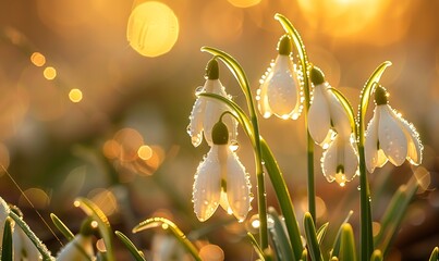 Sticker - Golden Dewdrops Snowdrop flowers glistening with morning dew under warm sunlight