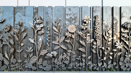 continuous fence with each metal panel engraved with different botanical patterns, creating a garden