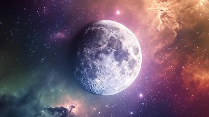 Poster - This full moon shines brightly in a starry sky with colorful nebulas.