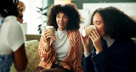 Canvas Print - Home, friends and women with coffee, smile and relax with happiness, bonding together and espresso. Group, sofa and people in living room, morning tea and break with cappuccino, gossip and care