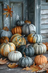 Poster - Assortment of Misshapen Pumpkins and Gourds in Autumnal Colors with Rustic Farmhouse Decor on Idyllic Country Porch Backdrop