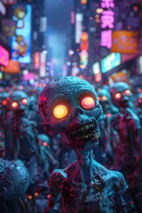 Canvas Print - Horde of Undead Zombies Lurching Through Dim Post-Apocalyptic City Landscape with Flickering Neon Signs