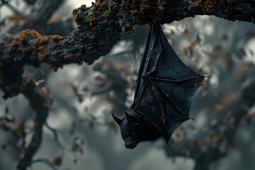 Poster - Majestic Bat Hanging Upside Down from Gnarled Tree Branch in Atmospheric Forest Landscape