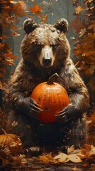 Sticker - Majestic Grizzly Bear Holding Vibrant Pumpkin in Autumn Forest Oasis