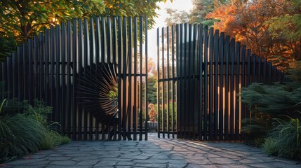 Wall Mural - fence made of dark metal slats arranged in a fan shape, opening up to reveal a hidden garden entrance