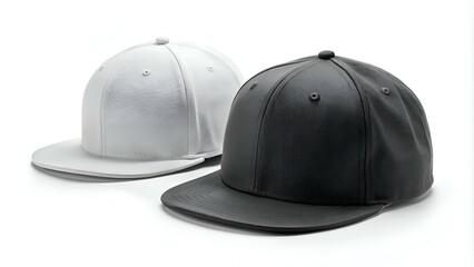 Set of black and white images of a rapper cap with a flat visor, snapback. Isolated objects on white background.