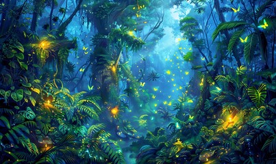 Wall Mural - Mystical Rainforest Magical creatures glowing in a dense, vibrant rainforest