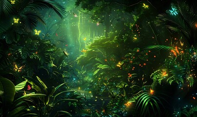 Wall Mural - Mystical Rainforest Magical creatures glowing in a dense, vibrant rainforest