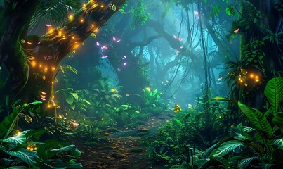 Wall Mural - Mystical Rainforest Magical creatures glowing in a dense, vibrant rainforest