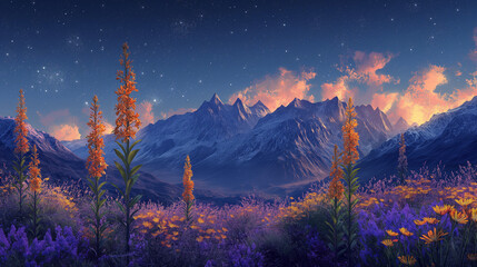 Wall Mural - plants in the foreground with mountains in the midground and night sky with stars in the background, hyperrealistic, bright colors.
