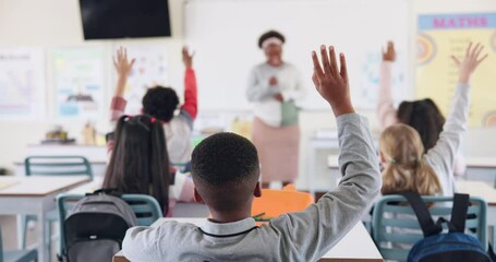 Aufkleber - Back, children and hands for question in classroom with answer, knowledge and learning in education. Students, diversity group and curious at school with study, solution and feedback for exam or test