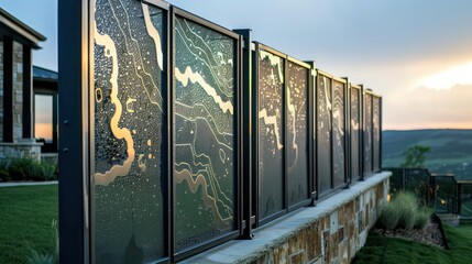 sleek metal fence with panels that are laser-etched with a topographical map design, connecting the property to geographic art