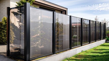 Wall Mural - sleek, modern fence constructed from glass panels set within thin, metal frames, each frame treated 