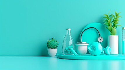 Turquoise minimalist background with space above for text flat design side view medical theme 3D render Triadic Color Scheme