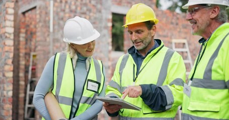 Wall Mural - People, architect and discussion with tablet at construction site of planning design. process report or expansion safety. Group, contractor and talk, support and digital blueprint of project solution