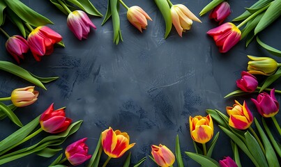 Wall Mural - Vibrant Bloom Frame A rectangular frame of colorful tulips on a dark, textured background