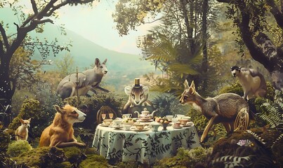 Whimsical Forest Animals having a tea party in a magical forest with green land and clear sky